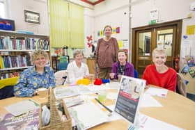 The Creative Connections Project's first session at Heckmondwike Library. From the left: Jeannette Ward, Susan Chandler, Joanne Cook, Linda Cook and Jo Campbell.