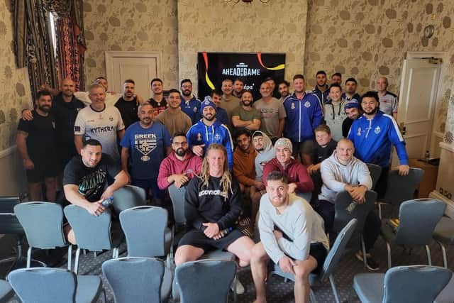 Craig Lingard with the Greek World Cup squad where, as part of his role with RL Cares, provided help, tips and advice on mental health.