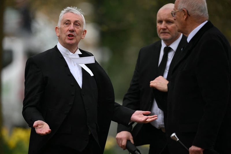 Speaker of the House of Commons Lindsay Hoyle arrives to attend the funeral of former Speaker of the House of Commons, Betty Boothroyd, at St George's Church in Thriplow, near Cambridge