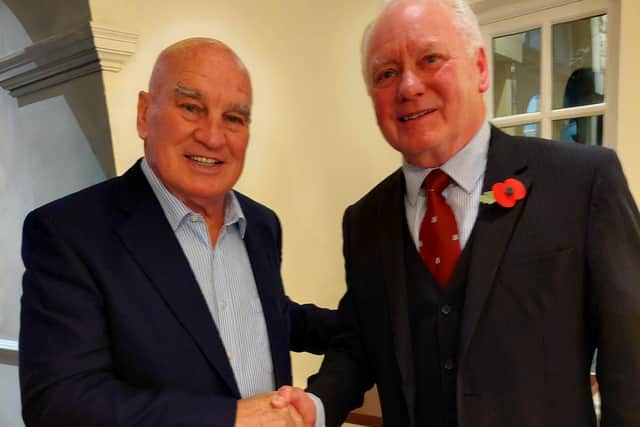 TV rugby presenter Mike Stephenson MBE and John Gibson at the Wheelwright Grammar School old boys reunion dinner held at Healds Hall Hotel.