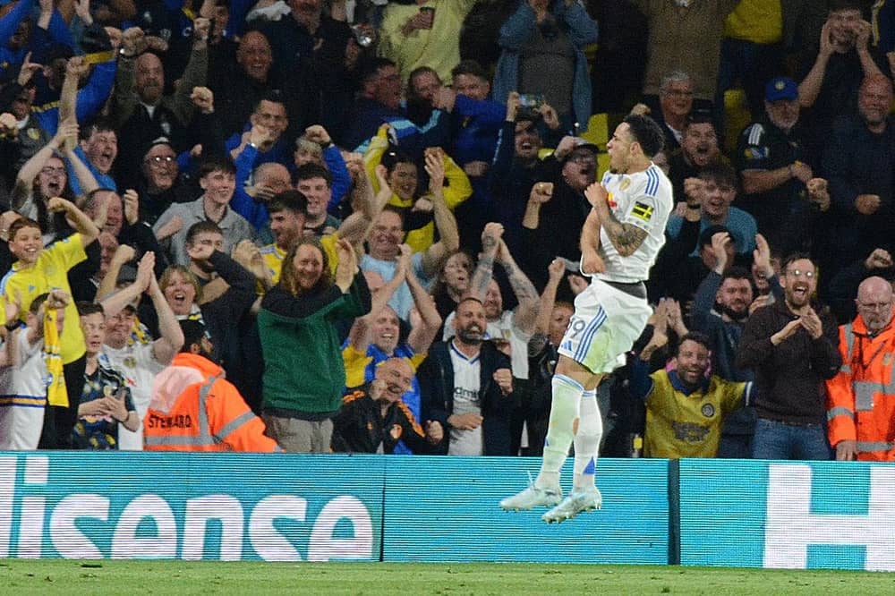 Noah Okafor celebrates after scoring his eighth goal of the season for Leeds United.