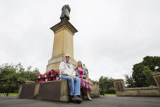 Martin James and Val Mitchell, from Batley History Group, pictured at Batley War Memorial