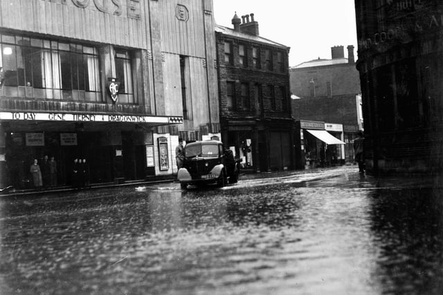 Flooded roads outside the Playhouse cinema, Dewsbury.