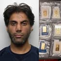 Mohammed Tasadiq Khan and some of the 100g gold bullion bars discovered during the police investigation.