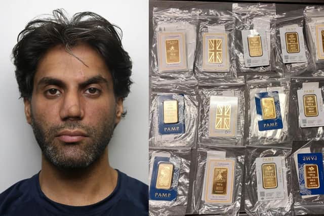 Mohammed Tasadiq Khan and some of the 100g gold bullion bars discovered during the police investigation.