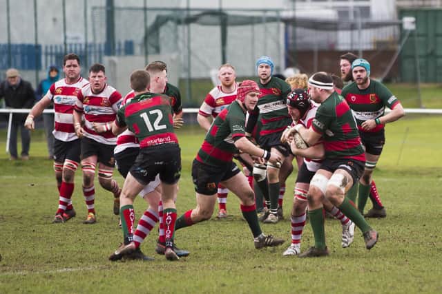 Brad Marsden in the thick of the action for Cleckheaton against Paviors. Picture: Jim Fitton