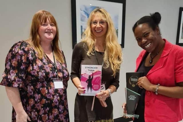 Tracey, left, with two of her fellow co-authors after the ceremony at the Copthorne Tara Hotel in Kensington.