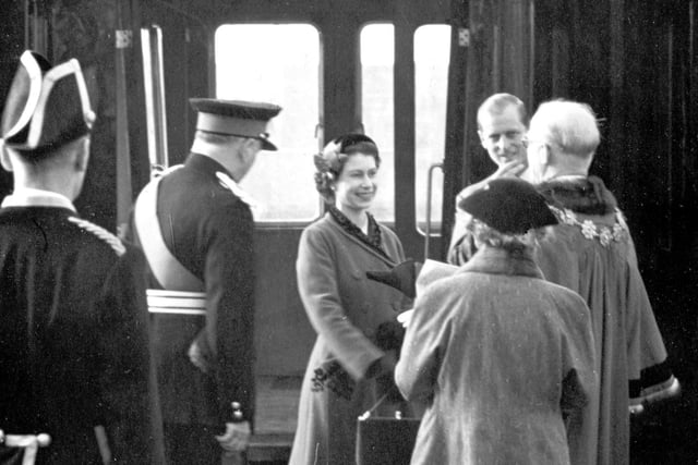 The Queen and Duke of Edinburgh arriving at Dewsbury Central Railway Station in October 1954.