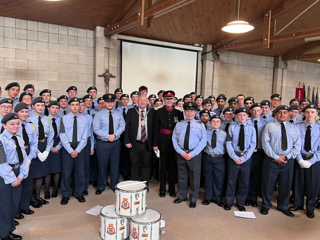 Assembled cadets with Deputy Lieutenant, Mayor of Mirfield, Sqn Ldr Doubell and Plt Off Walker.