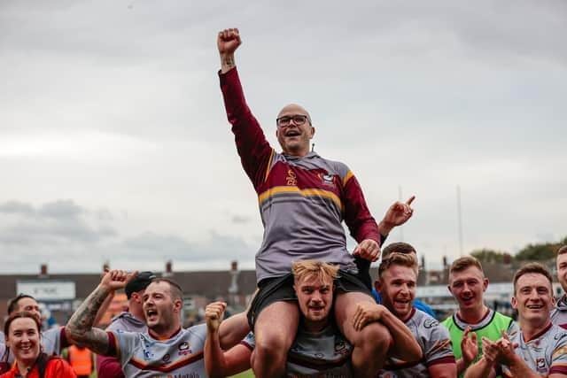 Craign Lingard as Batley Bulldogs' head coach, celebrating their play-off semi-final win at Featherstone Rovers in 2022. Photo by Neville Wright.