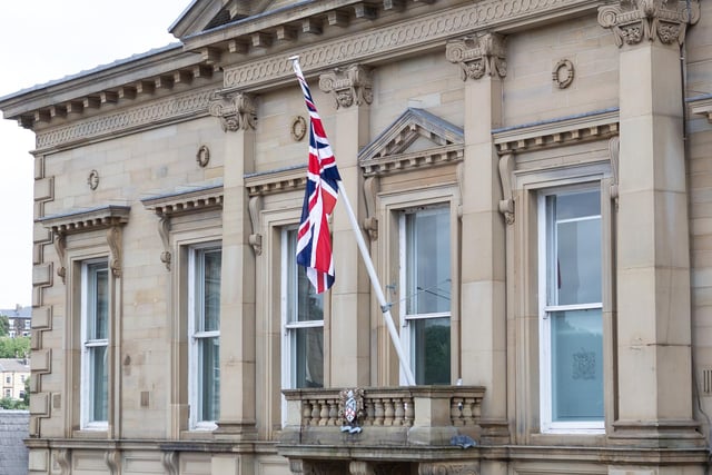 Flag flying outside Batley Town Hall after King Charles lll was proclaimed king.