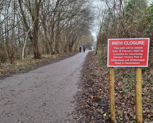 The Spen Valley Greenway between Whitechapel Road in Cleckheaton and Victoria Park in Oakenshaw will be closed for three months from Monday, February 12 while improvement works are carried. A sign is in place at the Whitechapel Road entrance on the greenway warning users of the upcoming closure.