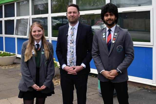 Thornhill Community Academy received an overall ‘good’ grading from Ofsted, with leadership and management rated as ‘outstanding’, after inspectors visited in late February. Pictured, from left to right: Madison Cammidge (Head Girl), Matthew Burton, (Headteacher) and Shazaib Sayeed (Head Boy).