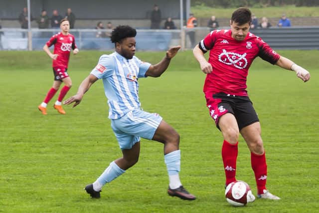 Desmond Amponsah challenging for the ball in Liversedge's FA Trophy defeat to Tamworth. Picture: Jim Fitton