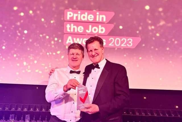 Nigel Smith, left, of Darren Smith Builders Ltd, which is based on Crossley Lane, won the Multi-storey category at the Pride in the Job Supreme Awards for his work at East-Thorpe Court.