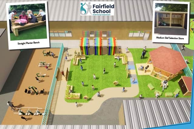 An artist impression of the  ‘Relaxation Zone’ with a sensory gazebo, seating area with planters and focal feature, interactive pathway with a sensory tambour tunnel.