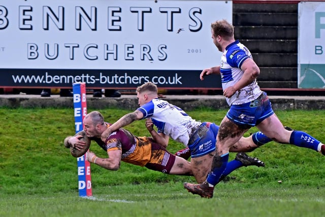 Dale Morton goes over for Batley Bulldogs' second try of the afternoon.