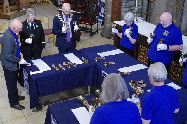 The Mayor of Kirklees, Coun Cahal Burke, visited Dewsbury Minster on Friday, October 13, to take part in a handbells practice session.