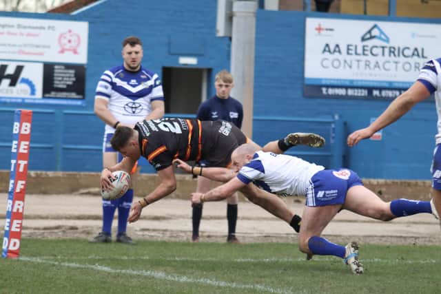 Finn confirmed that centre Caelum Jordan, seen here scoring in the Rams’ excellent 6-25 victory at Workington to maintain their 100 per cent start to the season, is likely to miss this weekend’s fixture due to a groin injury.