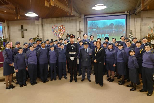 The attending cadets with HM Lord Lieutenant of West Yorkshire, Ed Anderson, Squadron Commander Flight Lieutenant, Peter Doubell and Mayor of Mirfield, Vivien Lees-Hamilton.