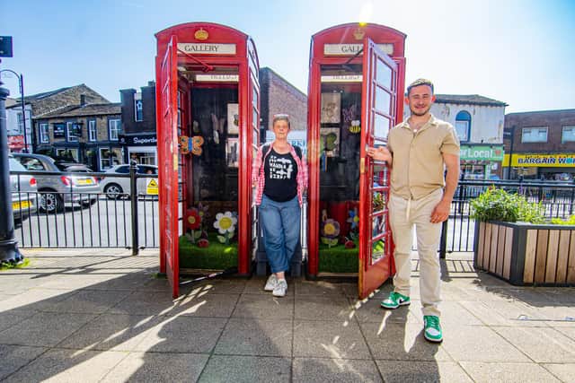 Former telephone boxes in the centre of Heckmondwike which are now used as a gallery by Creative Scene. Liversedge based artist Abigail Barker and Kyle Sanderson, learning and behaviour support worker at Brian Jackson college in Heckmondwike who worked with students to produce the mosaics.