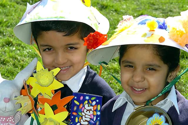 Boothroyd Primary School Y1 pupils Nabeel Raza and Summan Mahmood who took part in the egg decorating and Easter bonnet in 2007.