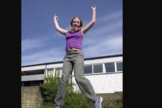 A star jump for Mirfield Free Grammar School pupil, Rachel King, jumping for joy at the ten A star results she acheived in her GCSEs in 2000.