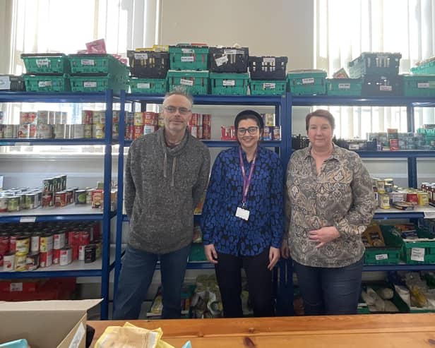 From left to right: Andrew, volunteer driver at Batley Foodbank, Gemma Hutcheson, communications officer at Locala and Claire Jennings, manager at
Batley Foodbank.