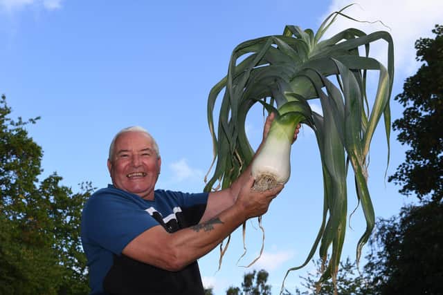 Steve Halifax with his giant leek at last year's Mirfield Show