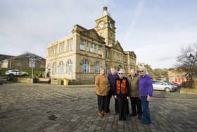 Friends of Batley Library, from the left, Jo Elsworth, Steve McGrath, Celia Moorhouse, John Ferrett and Jane Hicks, who are urging Kirklees Council to keep Batley’s historic Carnegie Library building open.