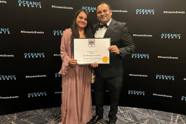 Dilesh Parmar, with wife Rushika, after Parmars Indian Restaurant and Bar in Liversedge won Restaurant of the Year for Yorkshire for the second year running at the prestigious English Curry Awards 2023.
