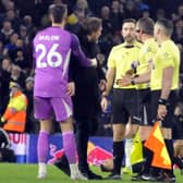 Daniel Farke confronts referee Peter Bankes and is about to be sent-off at the end of the Manchester City game.