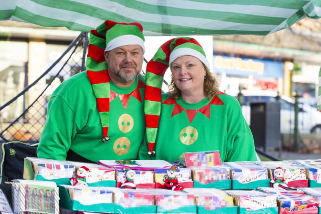 Mark and Kay Brackenbury getting into the festive spirit with their Hedgehog Handicrafts stall.