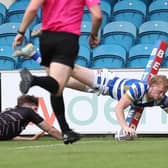 Lachlan Walmsley goes over for one of his four tries against Barrow Raiders. (Photo credit: Simon Hall)
