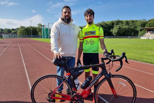 Yaseen Fadal, at 17, is the youngest cyclist taking part in the challenge, seen here with his Dad, Jav.