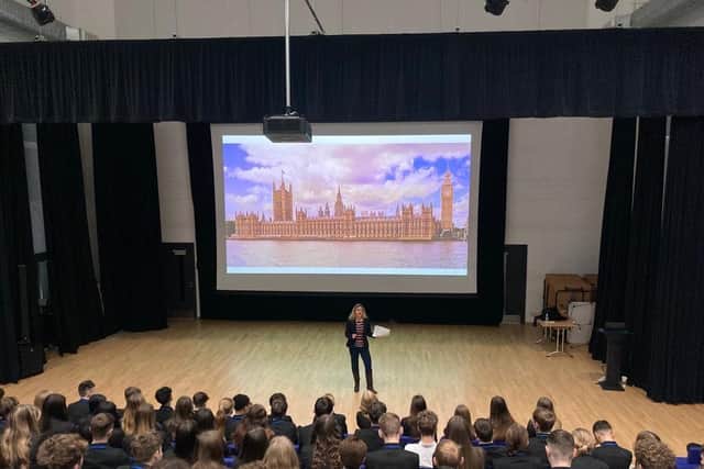 Batley and Spen MP Kim Leadbeater talking about parliament and politics at Whitcliffe Mount School.