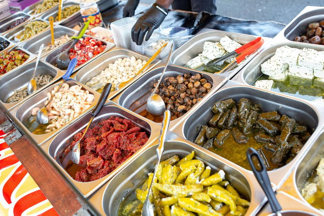 A Mediterranean foods stall at the market.