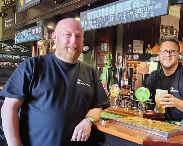 Barry Shaw, Operations Manager at Beerhouses and Danny Munt, West Riding pub manager, with the new DTS 175 beer, made by Horsforth Brewery, on sale during September.