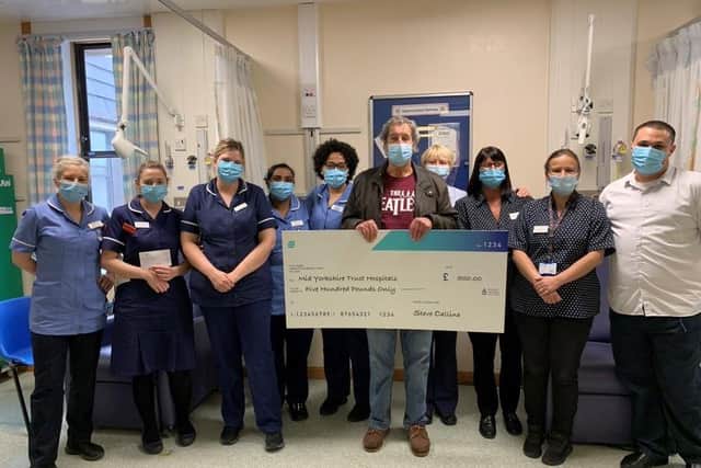 Wakefield author Steve Calline donated £500 to Dewsbury Hospital's Chemotherapy Day Unit at Mid Yorks NHS Trust after entering remission from bowel cancer.