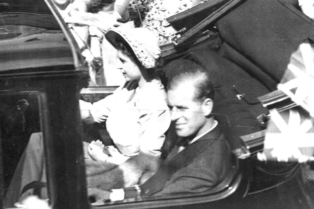 Princess Elizabeth and Prince Philip arrive at BBA firm in Cleckheaton.