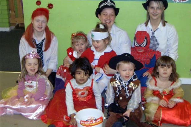 Kids and staff at Kiddiwinks Nursery, Birstall, having fun on Red Nose Day in 2005