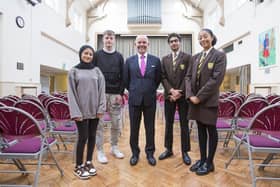 Pictured at Heckmondwike Grammar School are, from the left, year 12 students Zulaika Laher and Ned Sykes, head teacher Peter Roberts, and year 11 students Abubakr Hussain and Eden Amakoh