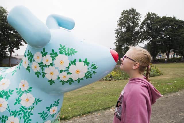 Eight year-old Billie Vernon with a Kirkwood hospice Snowdog sculpture in Cleckheaton Memorial Park.