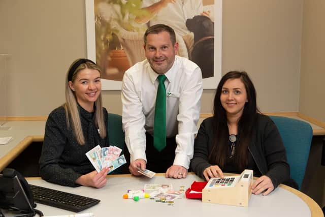 Leanne Townend, manager of Dewsbury's Yorkshire Building Society branch with Mark Palmer and Jessica Scott.