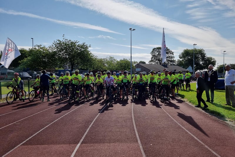 It all starts here. Riders gather at the start line at Princess Mary Athletics Stadium in Cleckheaton. Three. Two. One...
