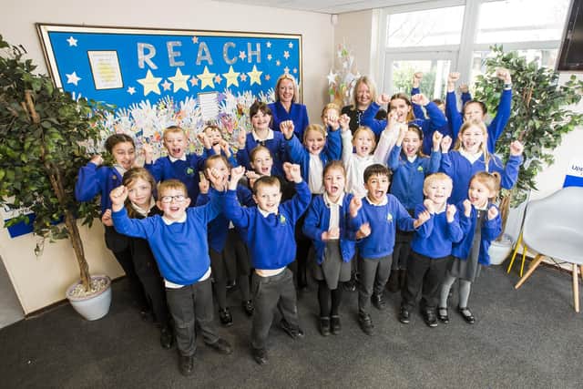 Reach ambassadors at Battyeford Primary School in Mirfield, with headteacher Rachel Batty, left, and deputy head Polly Snee, right, celebrate the school's good Ofsted report.