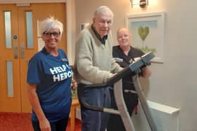 John Furmidge, an 87-year-old resident at Ashworth Grange, was first in the queue to hop on the treadmill to raise money for Help for Heroes.