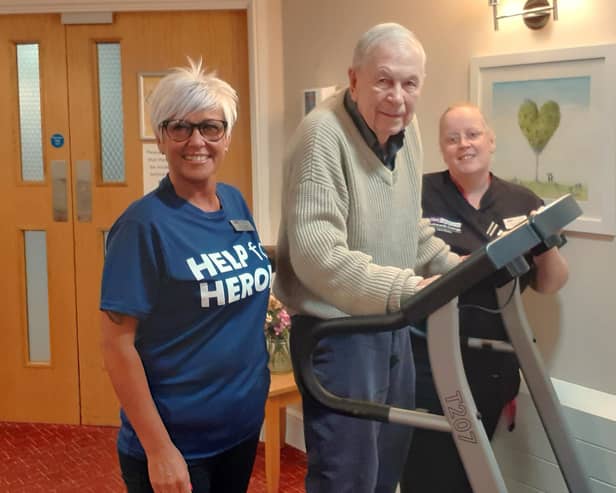 John Furmidge, an 87-year-old resident at Ashworth Grange, was first in the queue to hop on the treadmill to raise money for Help for Heroes.