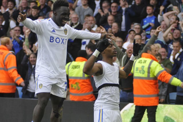 Willy Gnonto joins Crysencio Summerville in celebrating Leeds United's second goal.