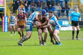 Action from a rainy Shay as Halifax Panthers beat Batley Bulldogs 18-10. Photo by Simon Hall.
